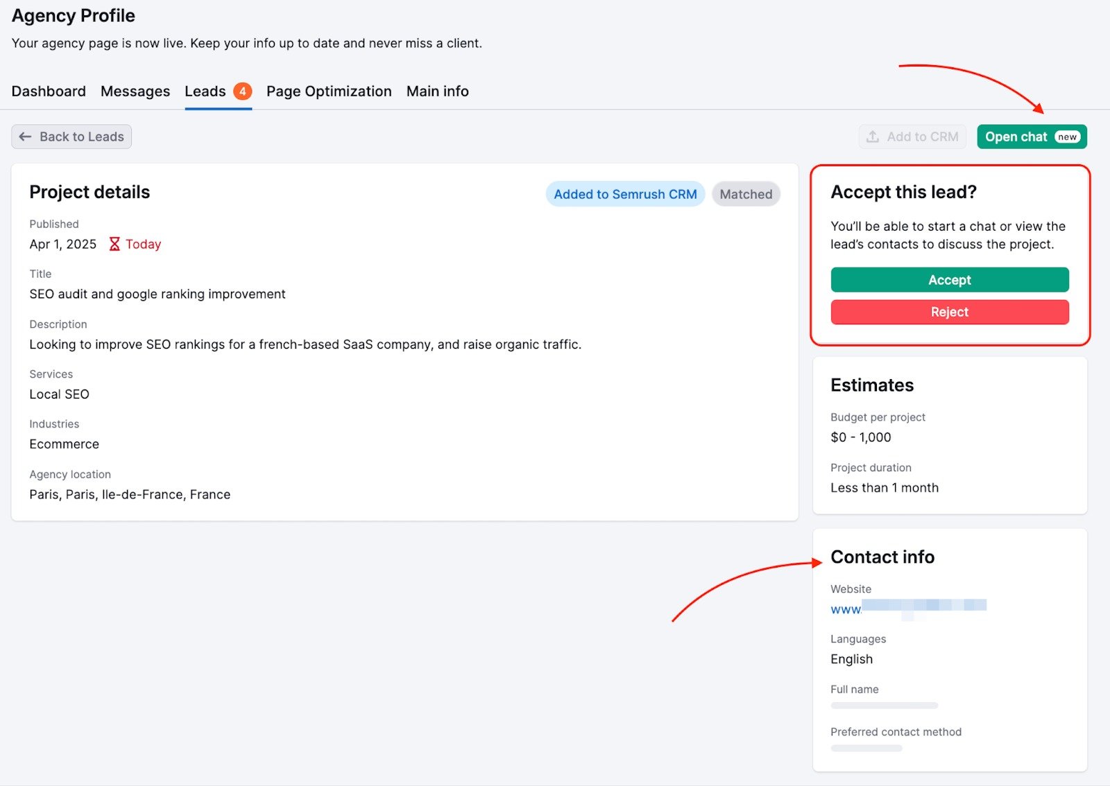 Lead page open with the widget highlighted to accept or reject the lead. Two arrows are visible: one pointing to the Open Chat button and the other pointing to the contact information section.