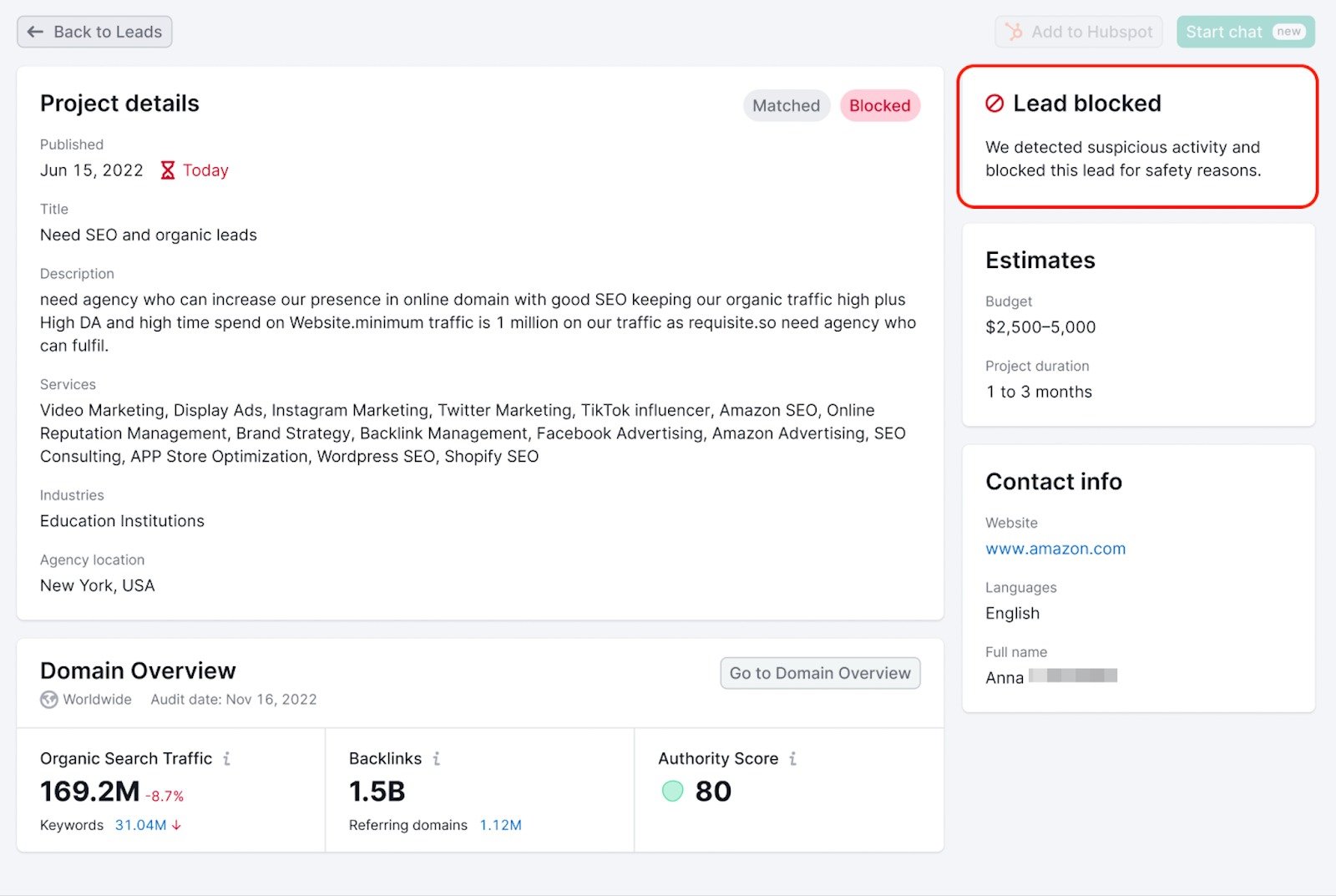 Lead page with a highlighted notification indicating that the lead is blocked due to suspicious activity.
