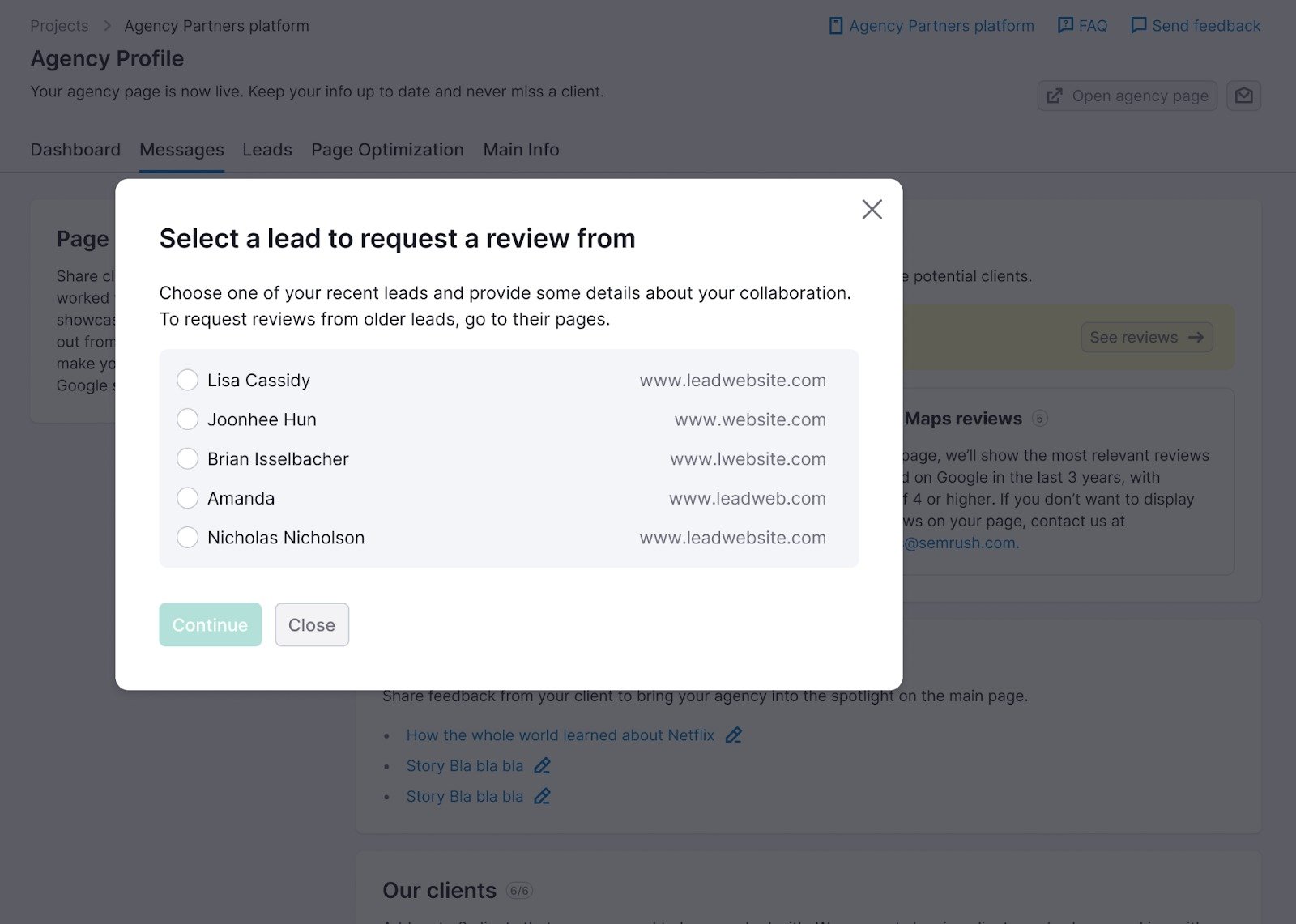 Pop-up window prompting the user to select a lead to request a review from.