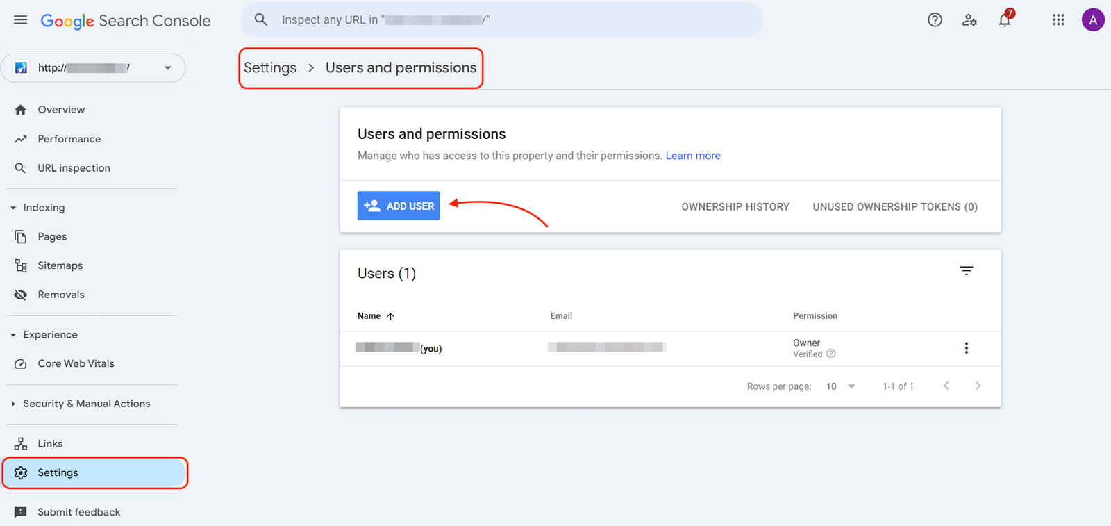 The Google Search Console users and permissions settings. 