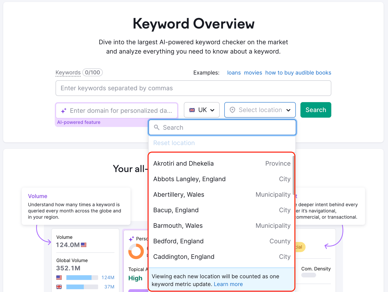 Keyword Overview landing page. A red rectangle highlights the local locations available.