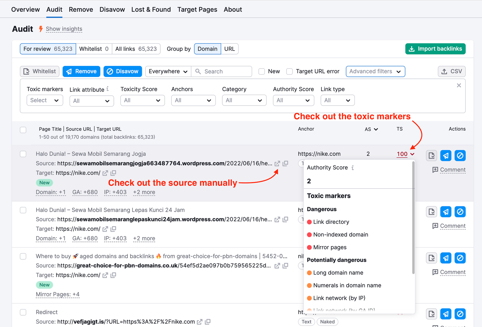 Backlink Audit tool with the Audit tab open. One red arrow points to a backlink's Toxicity Score, where hovering reveals a list of detected toxic markers. A second red arrow points to the source URL, suggesting manual review for additional insights.