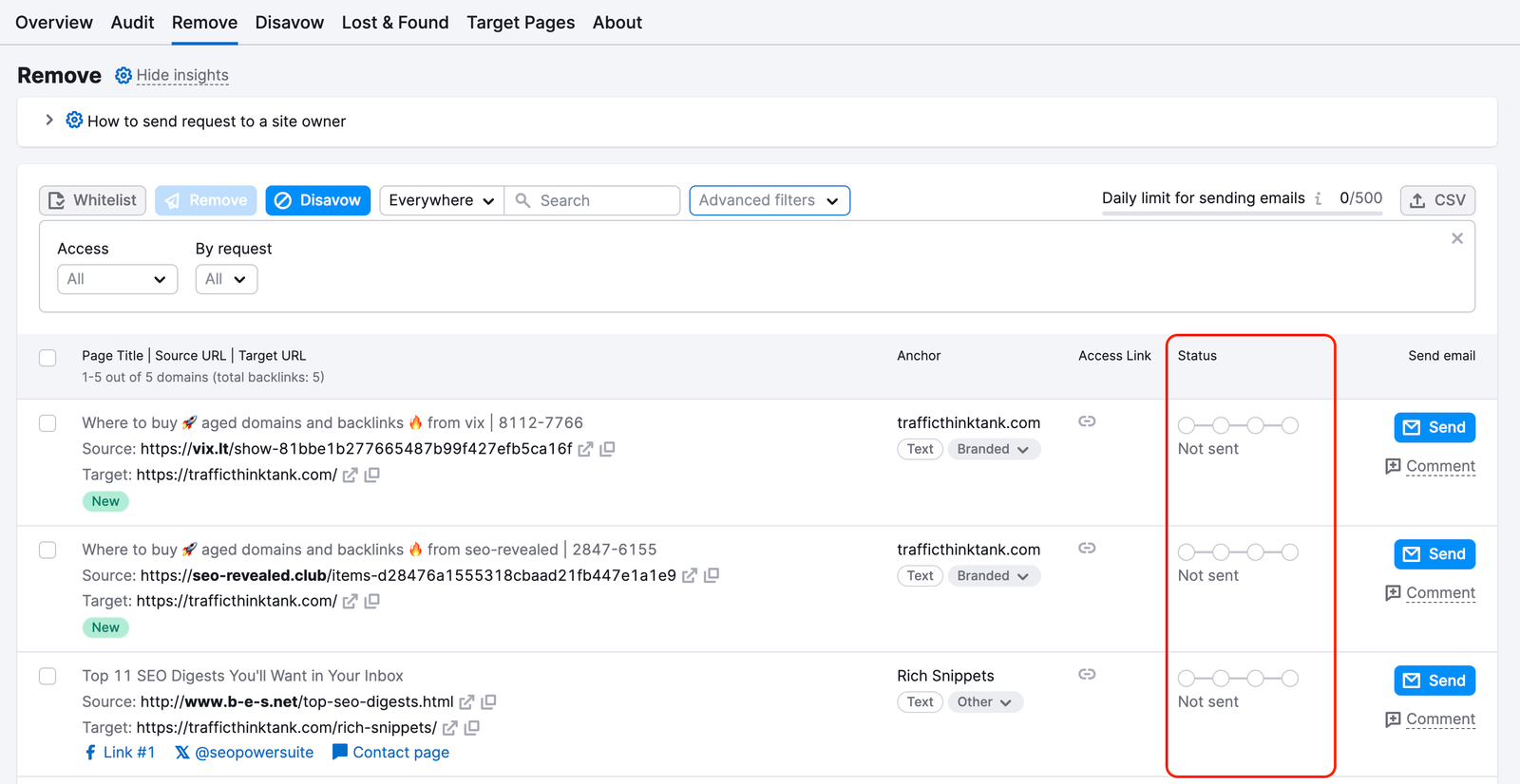 The Remove report in Backlink Audit: the Status column is highlighted.