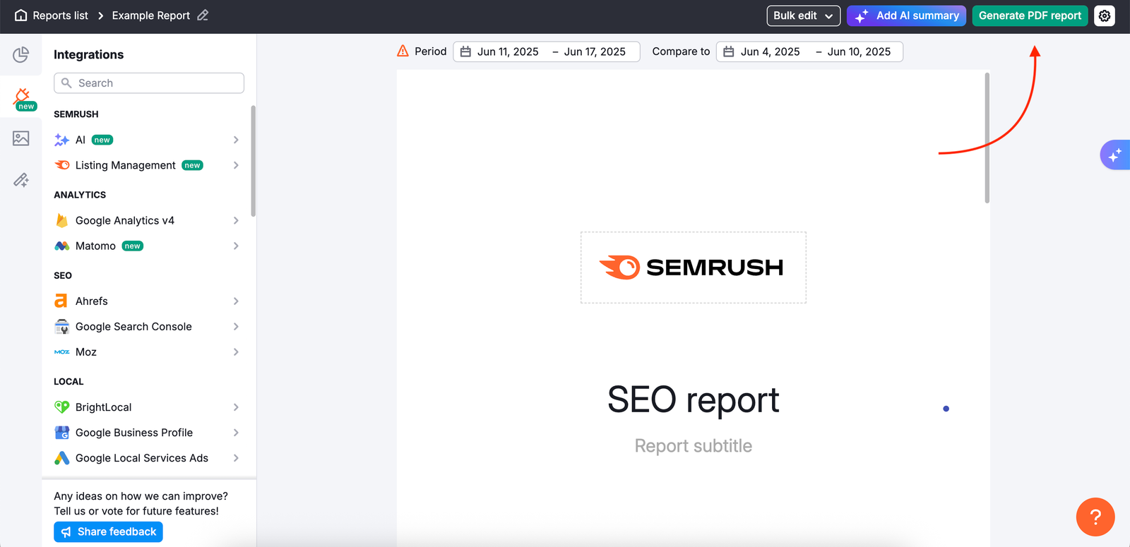 My Reports window after selecting one of the PDF reports. Red arrow points to the upper right corner where an option to generate a report is located.