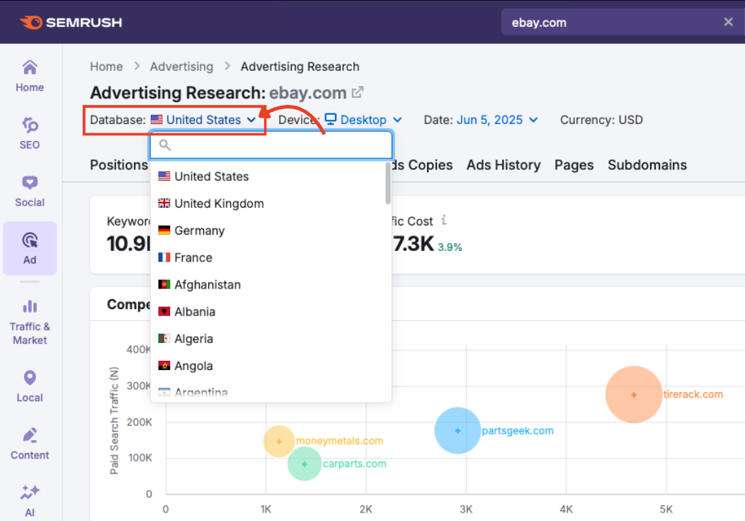 Country database selector set to United States.