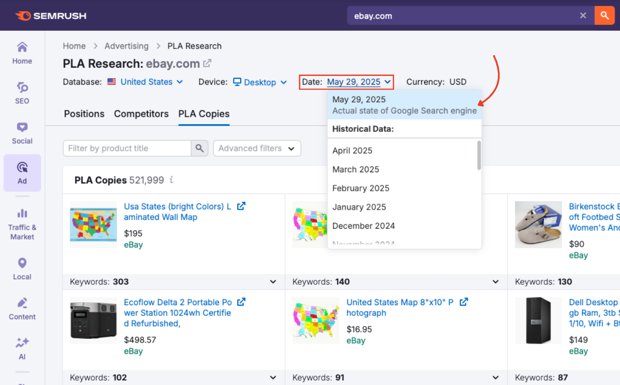 Date selector showing available historical ranges in the PLA Copies report.