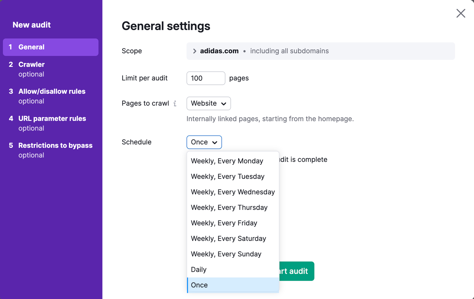Site Audit schedule settings.