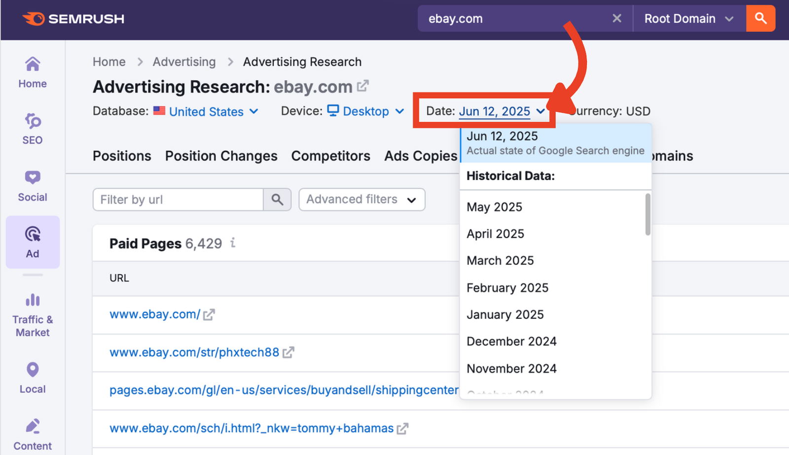 Date filter set to the Actual state of Google Search engine