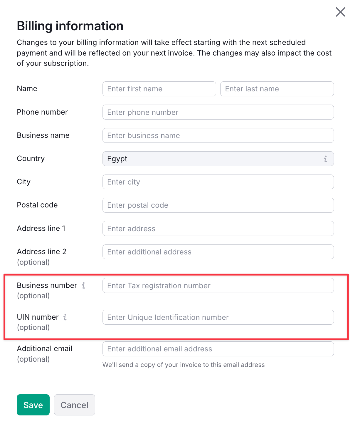 Billing information form with two highlighted fields: Business number and Unique Identification Number (UIN).