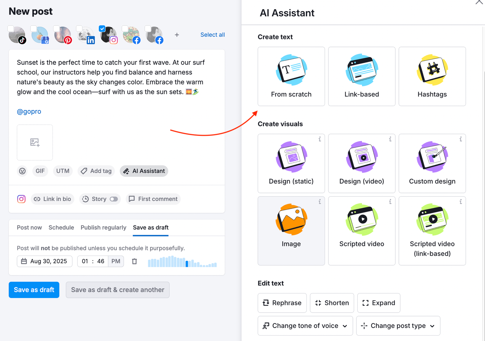 AI Assistant right-hand menu open, with a red arrow pointing to the Create text from scratch option.