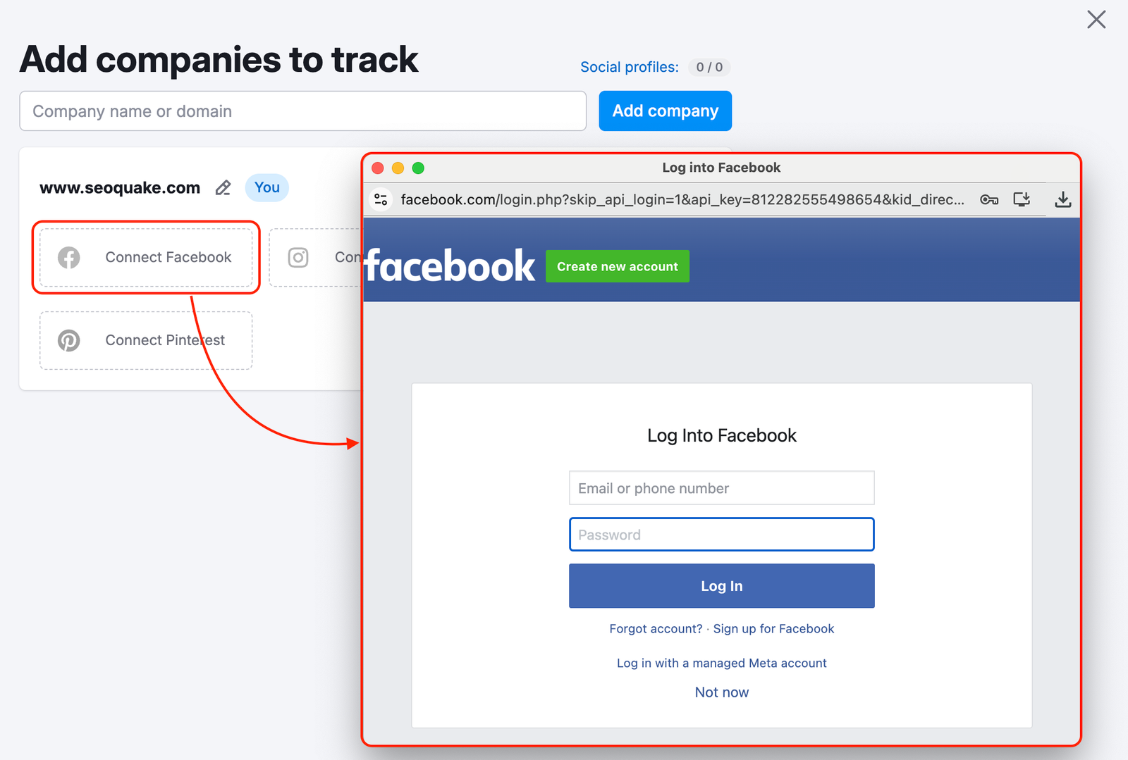 Social media accounts connection widget in Social Tracker.