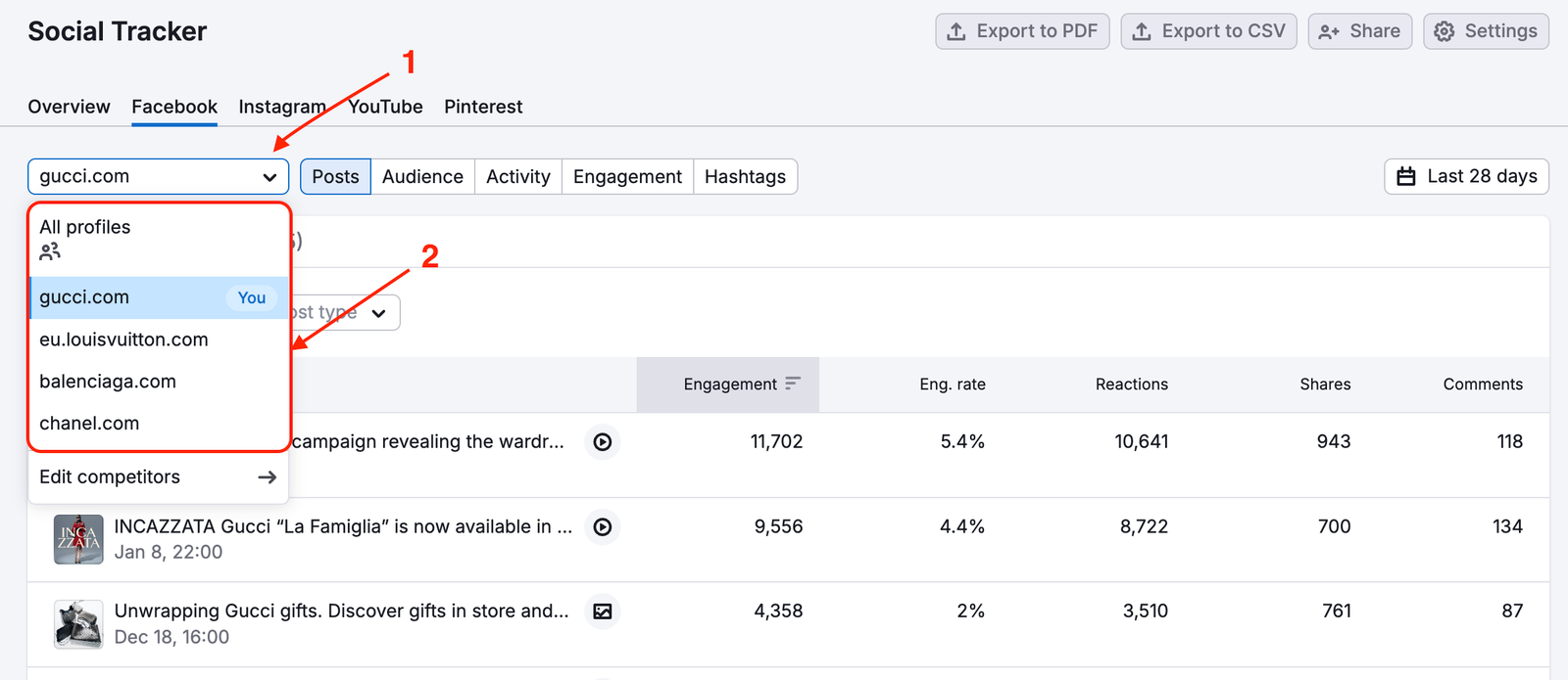 The Social Tracker Facebook report open with two red arrows—one pointing to the drop-down menu in the top-left corner of the report, where you can select the company, and the second pointing to the available options in the drop-down.