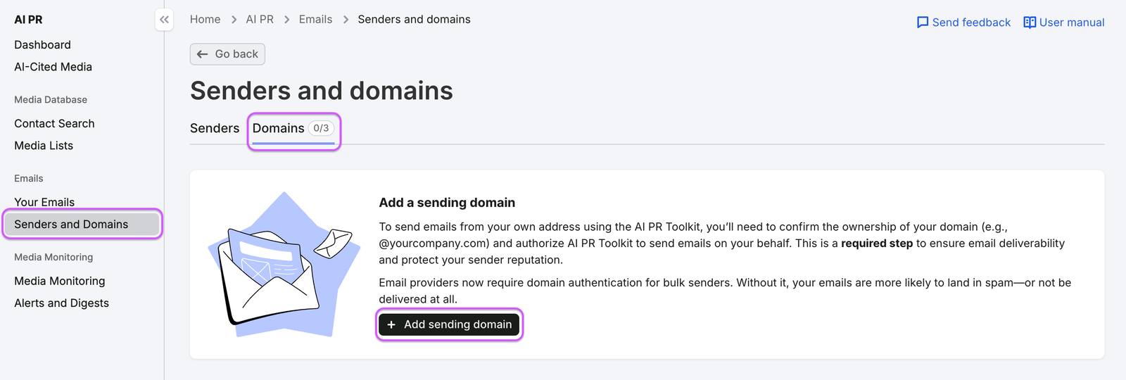 Adding and authenticating your sending domain image 1