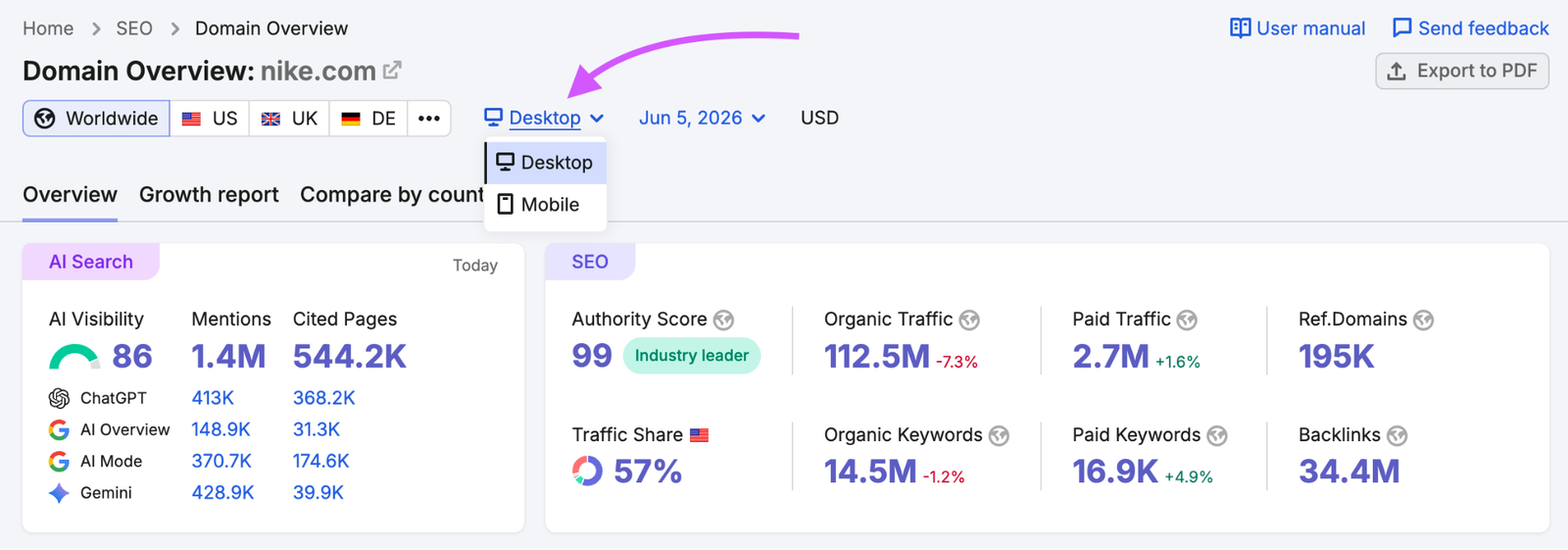 What mobile databases are available on Semrush? image 1